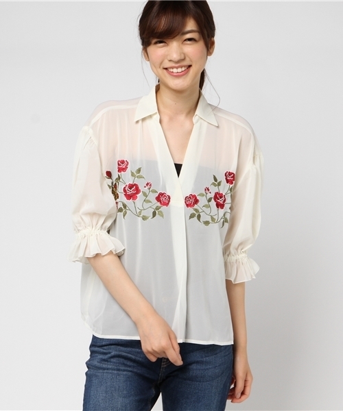 WEGO(ウィゴー)の「WEGO/フラワー刺繍スキッパーシャツ(シャツ/ブラウス・レディース・ダークグリーン/ホワイト/ピンク系その他・FREE)」の11枚目の写真