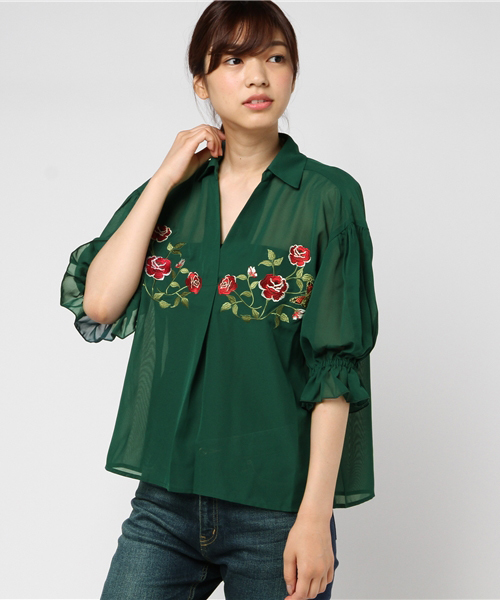 WEGO(ウィゴー)の「WEGO/フラワー刺繍スキッパーシャツ(シャツ/ブラウス・レディース・ダークグリーン/ホワイト/ピンク系その他・FREE)」の12枚目の写真