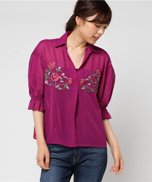 WEGO(ウィゴー)の「WEGO/フラワー刺繍スキッパーシャツ(シャツ/ブラウス・レディース・ダークグリーン/ホワイト/ピンク系その他・FREE)」の13枚目の写真