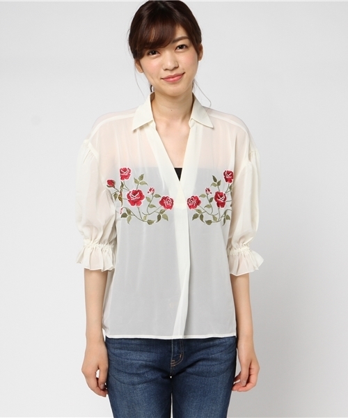 WEGO(ウィゴー)の「WEGO/フラワー刺繍スキッパーシャツ(シャツ/ブラウス・レディース・ダークグリーン/ホワイト/ピンク系その他・FREE)」の7枚目の写真