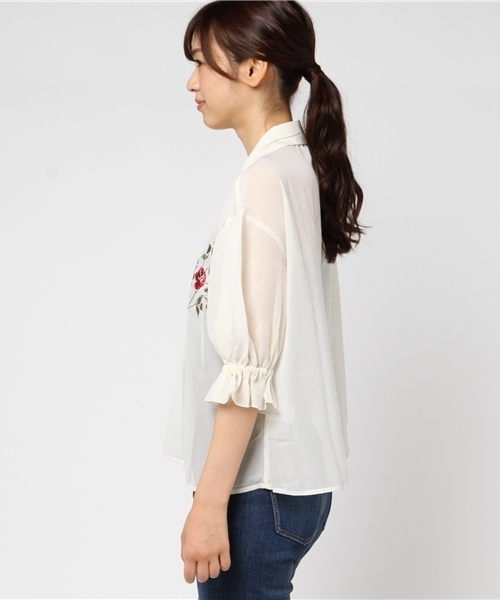 WEGO(ウィゴー)の「WEGO/フラワー刺繍スキッパーシャツ(シャツ/ブラウス・レディース・ダークグリーン/ホワイト/ピンク系その他・FREE)」の8枚目の写真