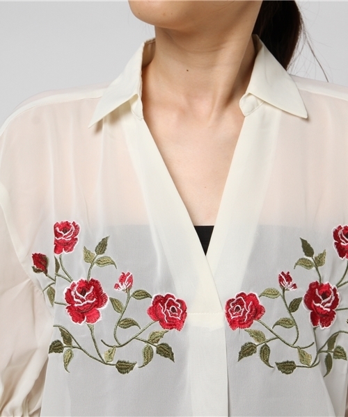 WEGO(ウィゴー)の「WEGO/フラワー刺繍スキッパーシャツ(シャツ/ブラウス・レディース・ダークグリーン/ホワイト/ピンク系その他・FREE)」の10枚目の写真