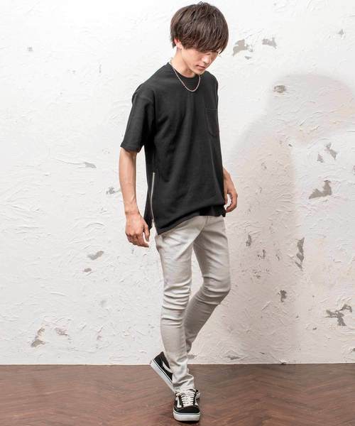 MinoriTY（マイノリティ）の「ポンチ素材サイドジップビックシルエットＴシャツ カットソー ルーズ（Tシャツ/カットソー・メンズ・グレー/ネイビー/ラベンダー/ピンク/オフホワイト/ブラック・M/L）」の8枚目の写真