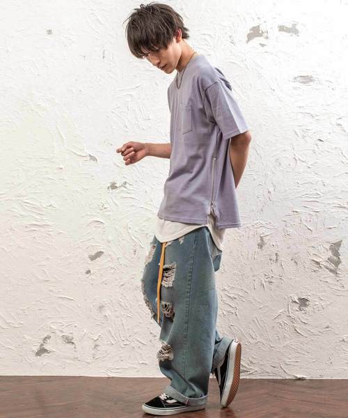 MinoriTY（マイノリティ）の「ポンチ素材サイドジップビックシルエットＴシャツ カットソー ルーズ（Tシャツ/カットソー・メンズ・グレー/ネイビー/ラベンダー/ピンク/オフホワイト/ブラック・M/L）」の11枚目の写真