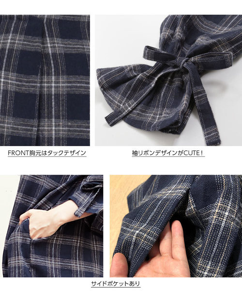 KOBE LETTUCE(コウベレタス)の「袖リボンデザインチェック柄ワンピース(ワンピース・レディース・ブラック/ネイビー/オフホワイト/マスタード・FREE)」の8枚目の写真