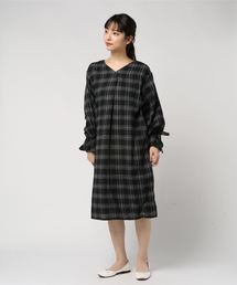 袖リボンデザインチェック柄ワンピース