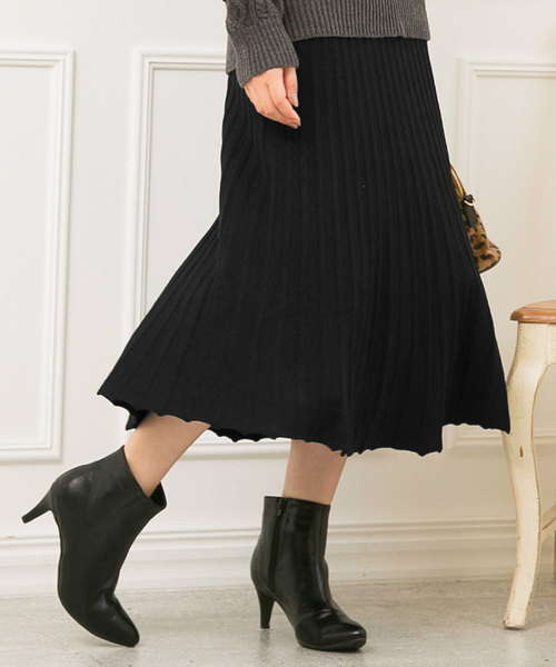 KOBE LETTUCE（コウベレタス）の「リブニットミディアム丈フレアスカート＊レディース/ミモレ丈/ボトムス[M2273]神戸レタス（スカート・レディース・ベージュ/ブラウン/ブラック・FREE）」の2枚目の写真