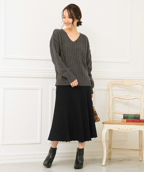 KOBE LETTUCE（コウベレタス）の「リブニットミディアム丈フレアスカート＊レディース/ミモレ丈/ボトムス[M2273]神戸レタス（スカート・レディース・ベージュ/ブラウン/ブラック・FREE）」の10枚目の写真