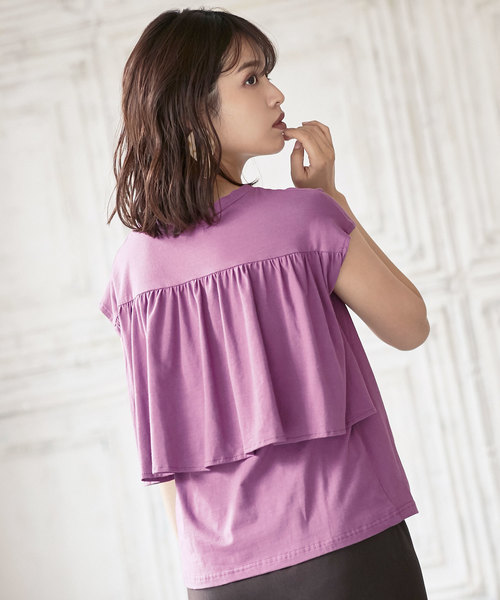 KOBE LETTUCE（コウベレタス）の「バックギャザーフレアデザインカットソーバックシャントップス（Tシャツ/カットソー・レディース・ブラック/パープル/グリーン/グレイッシュベージュ・FREE）」の4枚目の写真