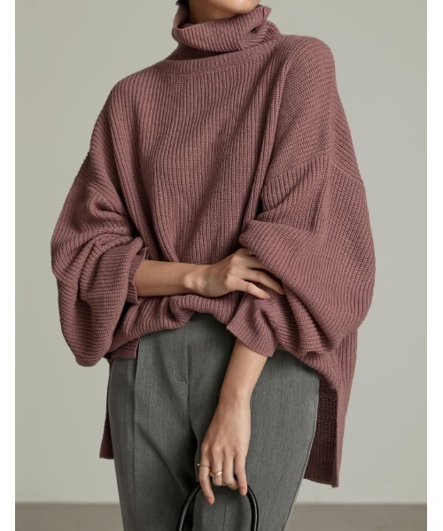 Re:EDIT（リエディ）の「選べるVネックorタートルネックぽわん袖畦編みニットトップス（ニット/セーター・レディース・ブラック/ベージュ/グレー/ピンク/グリーン/アイボリー/モカ/ライム/ブルー/パープル系その他/グリーン系その他・BM/AL/AM/BL）」の11枚目の写真