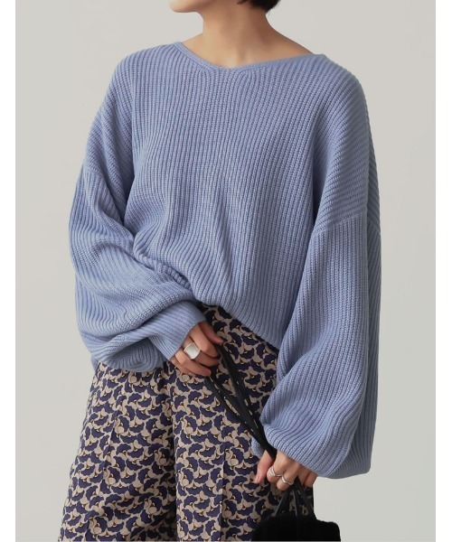 Re:EDIT（リエディ）の「選べるVネックorタートルネックぽわん袖畦編みニットトップス（ニット/セーター・レディース・ブラック/ベージュ/グレー/ピンク/グリーン/アイボリー/モカ/ライム/ブルー/パープル系その他/グリーン系その他・BM/AL/AM/BL）」の2枚目の写真