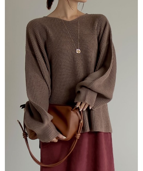 Re:EDIT（リエディ）の「選べるVネックorタートルネックぽわん袖畦編みニットトップス（ニット/セーター・レディース・ブラック/ベージュ/グレー/ピンク/グリーン/アイボリー/モカ/ライム/ブルー/パープル系その他/グリーン系その他・BM/AL/AM/BL）」の6枚目の写真