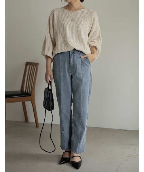 Re:EDIT（リエディ）の「選べるVネックorタートルネックぽわん袖畦編みニットトップス（ニット/セーター・レディース・ブラック/ベージュ/グレー/ピンク/グリーン/アイボリー/モカ/ライム/ブルー/パープル系その他/グリーン系その他・BM/AL/AM/BL）」の12枚目の写真