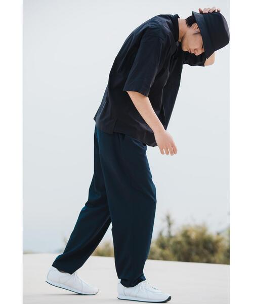 【green label relaxing】半袖シャツ バンドカラー ネイビー green label relaxing シャツ WONDER CLOTH バンドカラー 半袖