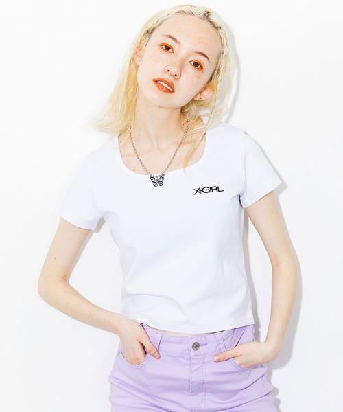 X-girl（エックスガール）の「SQUARE NECK BABY TEE（Tシャツ/カットソー・レディース・ライトグリーン/ブラック/ホワイト・M/S）」の2枚目の写真