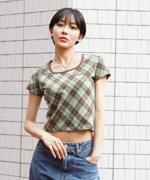 X-girl（エックスガール）の「SQUARE NECK BABY TEE（Tシャツ/カットソー・レディース・ライトグリーン/ブラック/ホワイト・M/S）」の15枚目の写真
