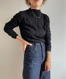 petit high neck wave knit tops / シワ加工でアイロン不要なプチハイネッククリンクルニットブラウス