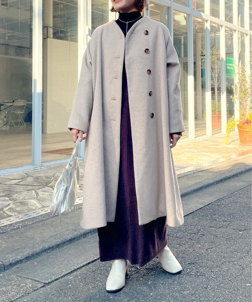 Omekashi（オメカシ）の「ノーカラーAラインコート（ノーカラーコート・レディース・ブラウン/ブラック/アイボリー・FREE）」の2枚目の写真