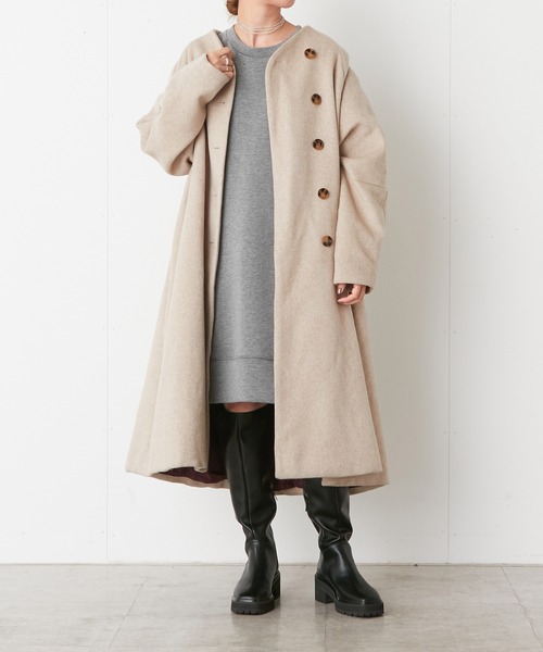 Omekashi（オメカシ）の「ノーカラーAラインコート（ノーカラーコート・レディース・ブラウン/ブラック/アイボリー・FREE）」の4枚目の写真