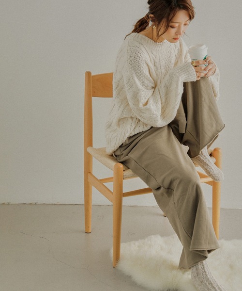 Fashion Letter(ファッションレター)の「裏起毛ゆったりロング丈ワイドパンツ(スウェットパンツ・レディース・ブラック/ライトカーキ/杢グレー・M~L/4L~5L/LL~3L)」の13枚目の写真