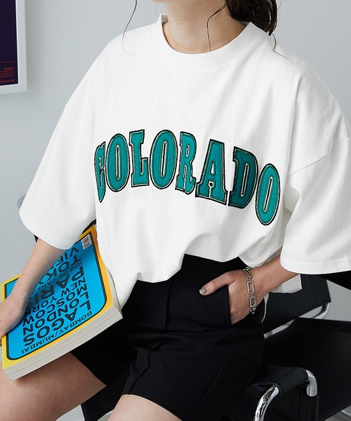 BASQUE magenta（バスクマゼンタ）の「PARAMUS MINNESOTA COLORADO LOGO CREW NECK T-SHIRTS / パラマス ミネソタ コロラド アーチロゴ 配色刺繍 クルーネック ビッグ 半袖Tシャツ（Tシャツ/カットソー・レディース・ライトグレー系2/ネイビー系2/ライトグレー系1/グリーン系2/グレー系1/ホワイト系1/グレー系3/ホワイト系3/ピンク系・L/M）」の21枚目の写真