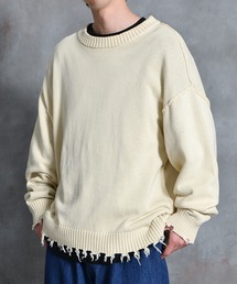 オーバーサイズプルオーバークルーネックコットンダメージ ニット メンズ ビッグシルエット 春服