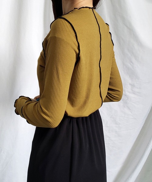 me+em select(ミームセレクト)の「【 3通りの着方を楽しめる 】3WAY ラインステッチリブメロートップス(Tシャツ/カットソー・レディース・ホワイト/オリーブ/ベージュ/ライトブルー/ブラック/ミント・FREE)」の5枚目の写真