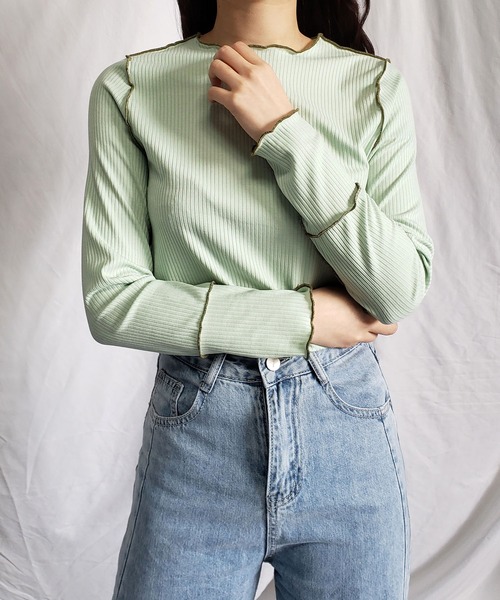 me+em select(ミームセレクト)の「【 3通りの着方を楽しめる 】3WAY ラインステッチリブメロートップス(Tシャツ/カットソー・レディース・ホワイト/オリーブ/ベージュ/ライトブルー/ブラック/ミント・FREE)」の6枚目の写真