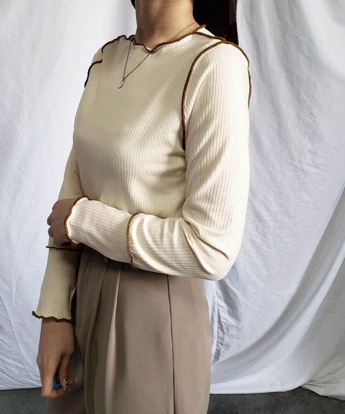 me+em select(ミームセレクト)の「【 3通りの着方を楽しめる 】3WAY ラインステッチリブメロートップス(Tシャツ/カットソー・レディース・ホワイト/オリーブ/ベージュ/ライトブルー/ブラック/ミント・FREE)」の11枚目の写真