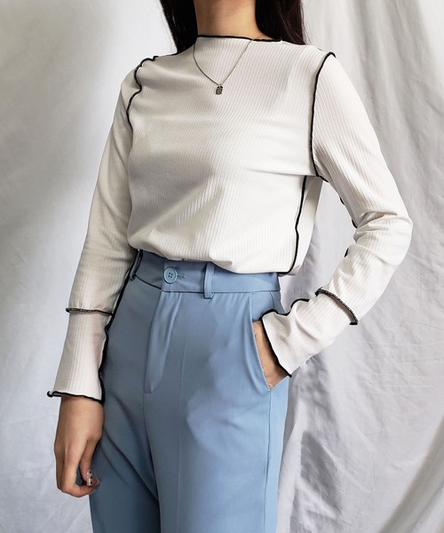 me+em select(ミームセレクト)の「【 3通りの着方を楽しめる 】3WAY ラインステッチリブメロートップス(Tシャツ/カットソー・レディース・ホワイト/オリーブ/ベージュ/ライトブルー/ブラック/ミント・FREE)」の20枚目の写真