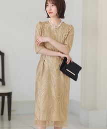 PourVous | 七分袖&ミモレ丈 パーティードレス Uネック大きいサイズ結婚式フォーマルオケージョンドレスお呼ばれ 二次会 成人式(ドレス)