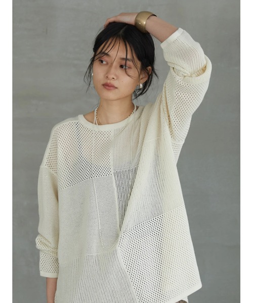 AMERICAN HOLIC（アメリカンホリック）の「透かし編みパッチワーク2WAYプルオーバー（ニット/セーター・レディース・ネイビー/アイボリー/サックスブルー・M/L）」の5枚目の写真