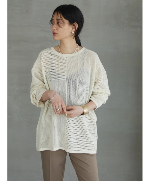 AMERICAN HOLIC（アメリカンホリック）の「透かし編みパッチワーク2WAYプルオーバー（ニット/セーター・レディース・ネイビー/アイボリー/サックスブルー・M/L）」の7枚目の写真