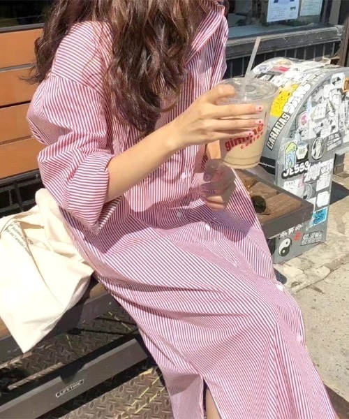 Futier land（フューティアランド）の「ストライプマキシシャツワンピース（シャツワンピース・レディース・ピンク/ブルー・FREE）」の2枚目の写真