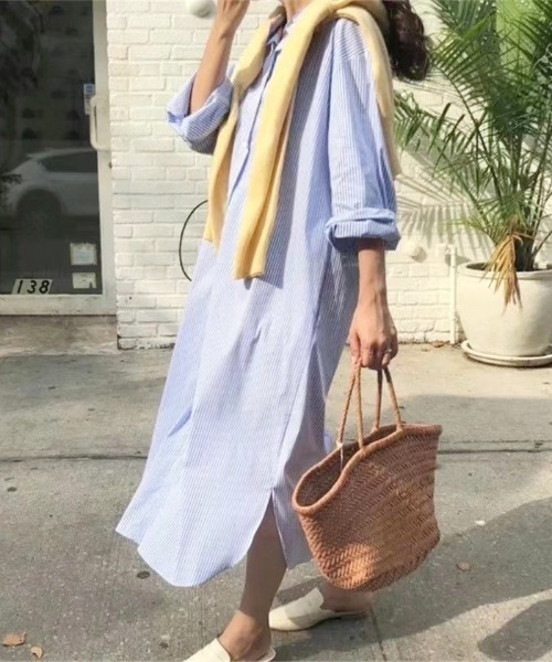 Futier land（フューティアランド）の「ストライプマキシシャツワンピース（シャツワンピース・レディース・ピンク/ブルー・FREE）」の3枚目の写真