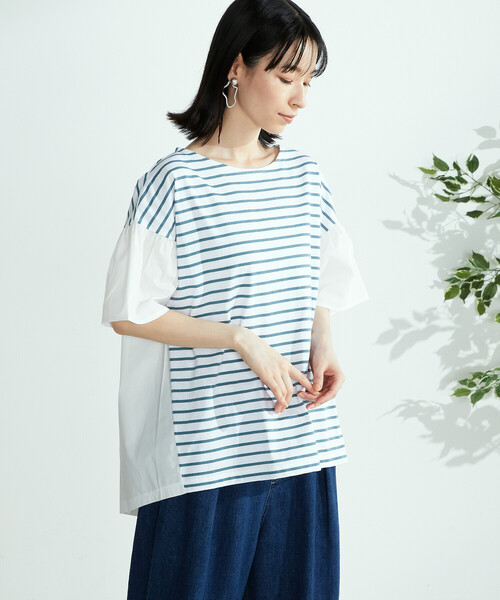 ONIGIRI(オニギリ)の「異素材切替 ボーダーTシャツ(Tシャツ/カットソー・レディース・グリーン/ネイビー/ベージュ・FREE)」の3枚目の写真