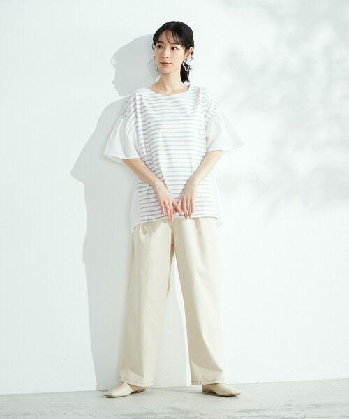 ONIGIRI(オニギリ)の「異素材切替 ボーダーTシャツ(Tシャツ/カットソー・レディース・グリーン/ネイビー/ベージュ・FREE)」の5枚目の写真
