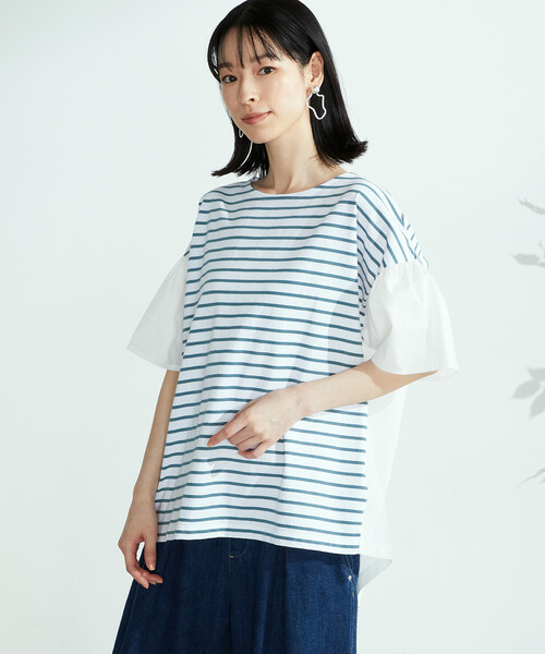 ONIGIRI(オニギリ)の「異素材切替 ボーダーTシャツ(Tシャツ/カットソー・レディース・グリーン/ネイビー/ベージュ・FREE)」の8枚目の写真