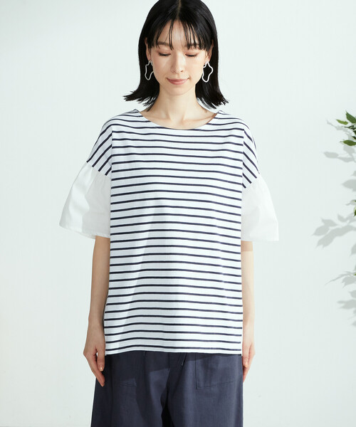 ONIGIRI(オニギリ)の「異素材切替 ボーダーTシャツ(Tシャツ/カットソー・レディース・グリーン/ネイビー/ベージュ・FREE)」の10枚目の写真