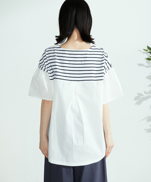 ONIGIRI(オニギリ)の「異素材切替 ボーダーTシャツ(Tシャツ/カットソー・レディース・グリーン/ネイビー/ベージュ・FREE)」の12枚目の写真
