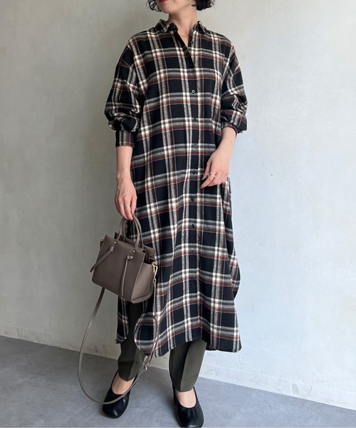 Chez toi(シェトワ)の「チェック柄ロングシャツワンピース(シャツワンピース・レディース・オレンジ/カーキ/ブラック・FREE)」の2枚目の写真