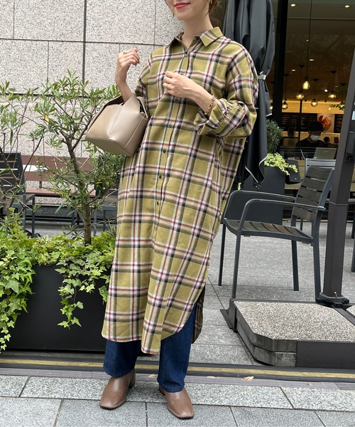 Chez toi(シェトワ)の「チェック柄ロングシャツワンピース(シャツワンピース・レディース・オレンジ/カーキ/ブラック・FREE)」の9枚目の写真