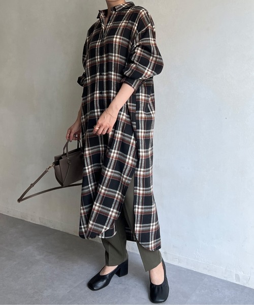 Chez toi(シェトワ)の「チェック柄ロングシャツワンピース(シャツワンピース・レディース・オレンジ/カーキ/ブラック・FREE)」の6枚目の写真