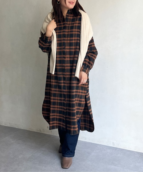 Chez toi(シェトワ)の「チェック柄ロングシャツワンピース(シャツワンピース・レディース・オレンジ/カーキ/ブラック・FREE)」の5枚目の写真