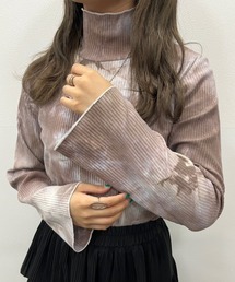 フレアスリーブハイネックリブニットソー