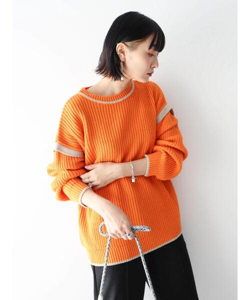 Green　Parks（グリーンパークス）の「配色アゼ編ニットプルオーバー（ニット/セーター・レディース・パープル/オフホワイト/オレンジ・FREE）」の17枚目の写真