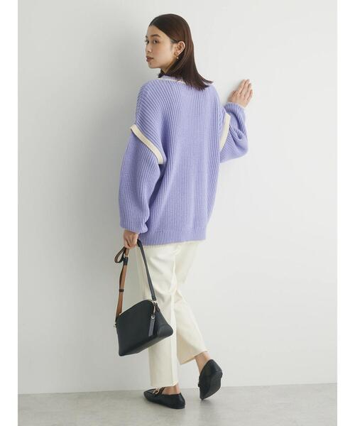 Green　Parks（グリーンパークス）の「配色アゼ編ニットプルオーバー（ニット/セーター・レディース・パープル/オフホワイト/オレンジ・FREE）」の7枚目の写真