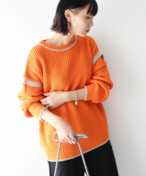 Green　Parks（グリーンパークス）の「配色アゼ編ニットプルオーバー（ニット/セーター・レディース・パープル/オフホワイト/オレンジ・FREE）」の3枚目の写真
