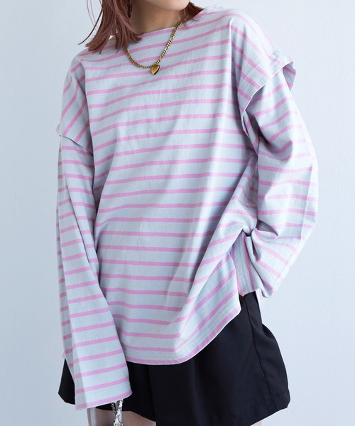 w closet(ダブルクローゼット)の「ボーダーオープンスリーブプルオーバー(Tシャツ/カットソー・レディース・ホワイト×ブラック/ブルー系その他/ピンク系その他/ホワイト×イエロー・FREE)」の3枚目の写真