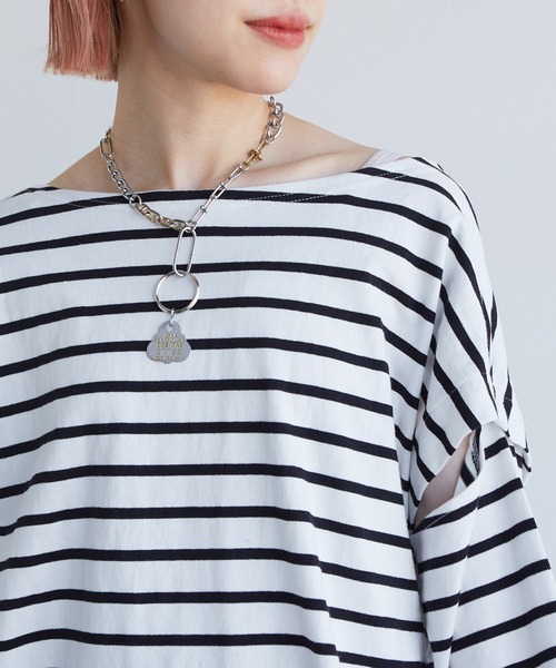 w closet(ダブルクローゼット)の「ボーダーオープンスリーブプルオーバー(Tシャツ/カットソー・レディース・ホワイト×ブラック/ブルー系その他/ピンク系その他/ホワイト×イエロー・FREE)」の9枚目の写真